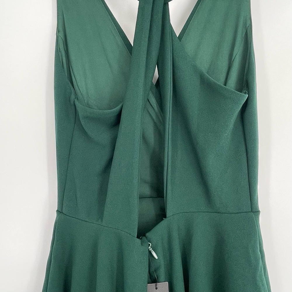 Lulus Hunter Green V-Neck Cross Back A-Line Open Back Skater Mini Dress XS - Picture 10 of 14